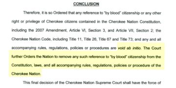 Cherokee Supreme Court Orders “by blood” Removed